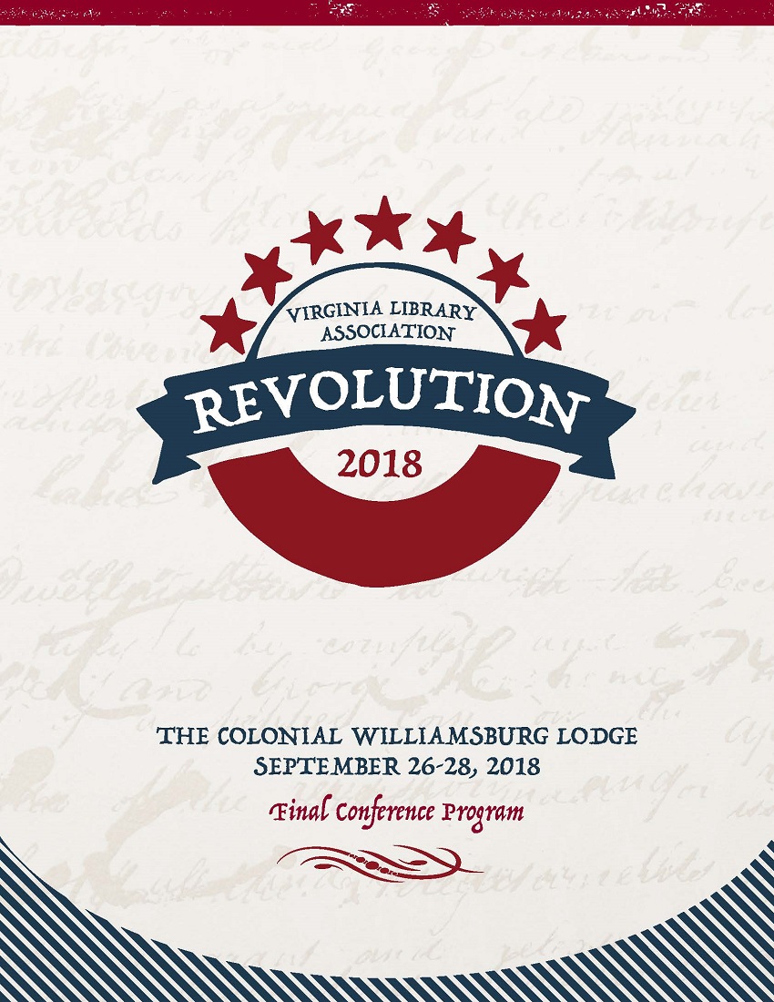 Cover of 2018 VLA Conference Program, "Revolution,"  seven red stars forming a half circle over the word Revolution in a blue banner and a thick red half circle underneath.  Font is similar to colonial era newspaper print.
