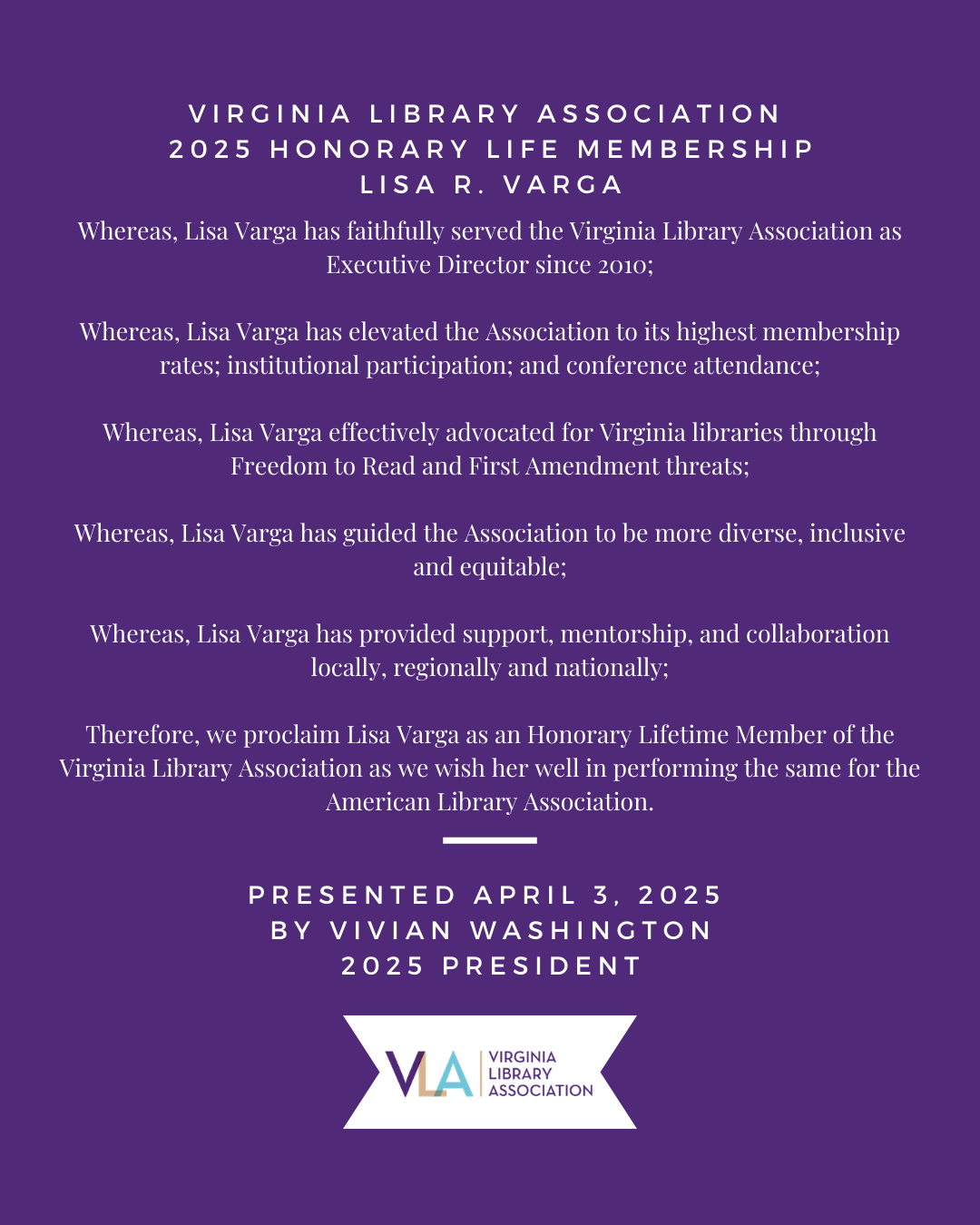 Lisa Varga Honorary Life Membership Citation